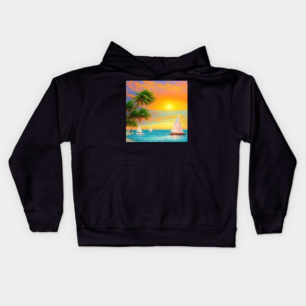 Beach Sunset Sailboats and Palm Trees Kids Hoodie by jillnightingale